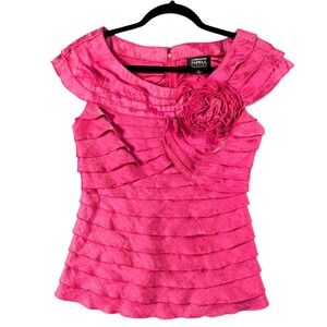 Adrianna Papell‎ Womens 6 Pink Ruffle Top Flower Accent Romantic Glam